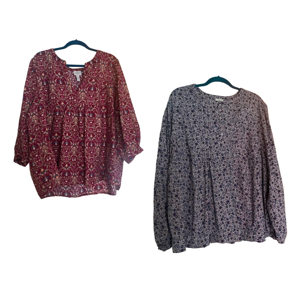 Womens Plus 3X Floral Blouse Bundle St Johns Bay Burgundy Lavender Boho Tops 2pc